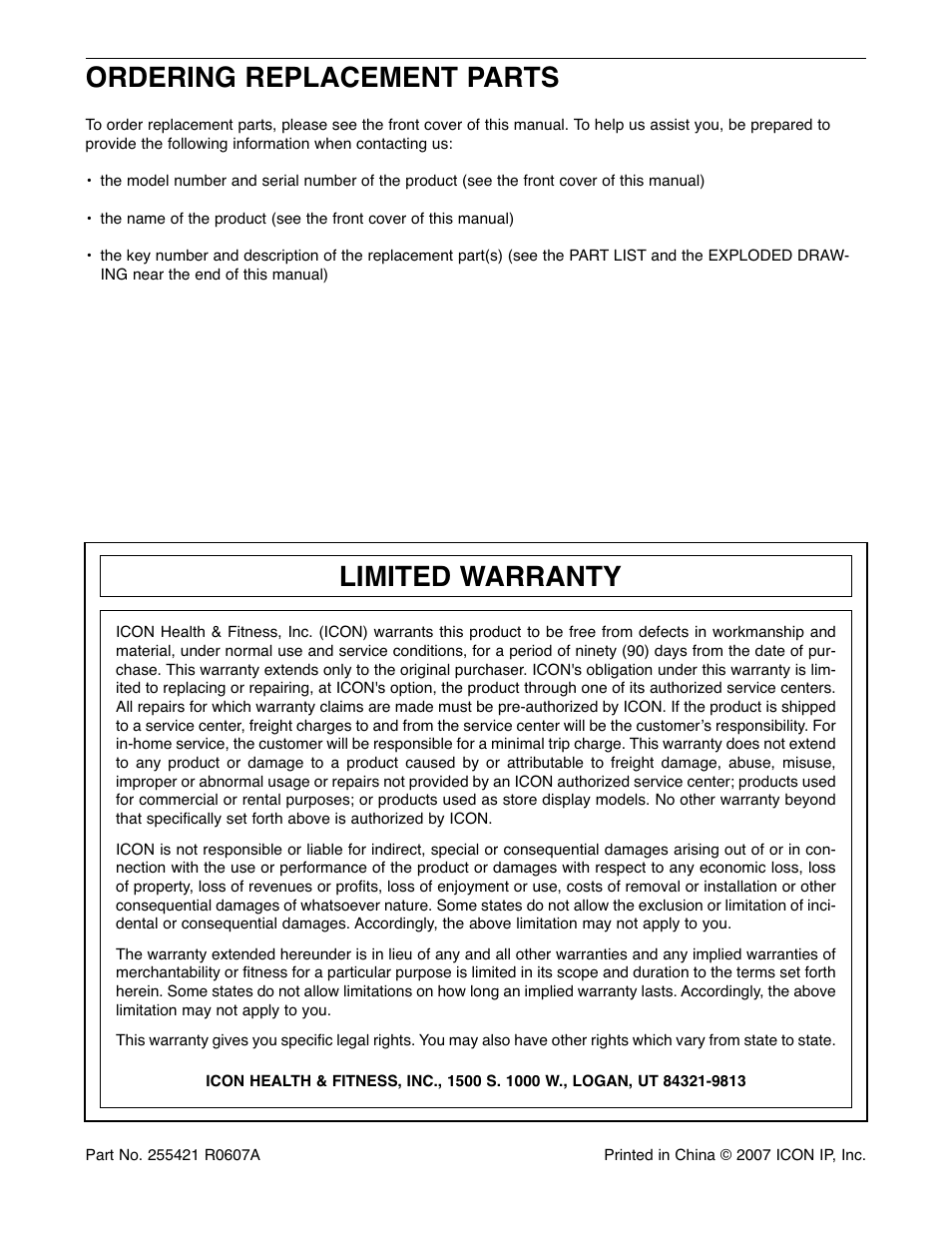 Limited warranty, Ordering replacement parts | Weslo WLEL71807.0 User Manual | Page 16 / 16