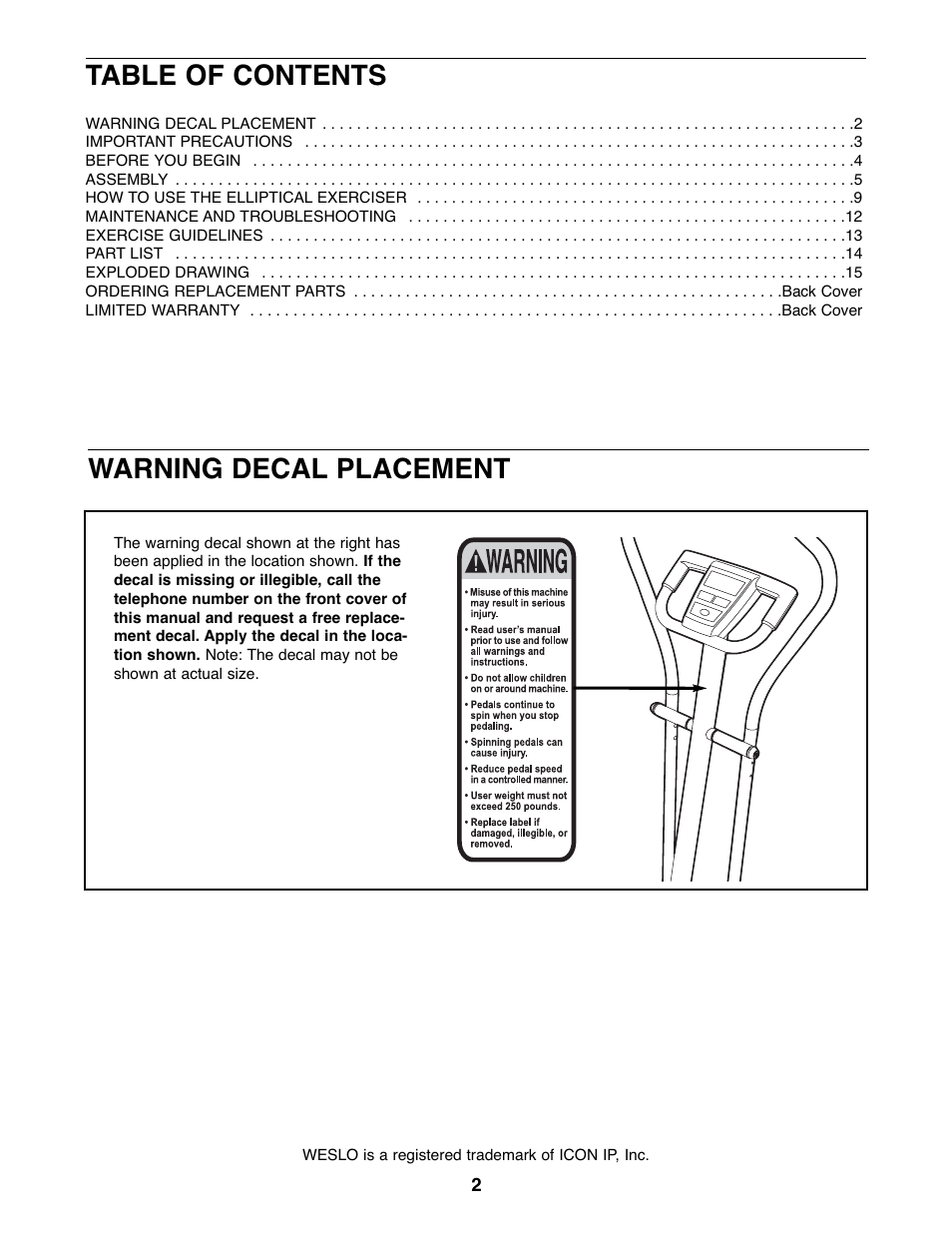 Weslo WLEL71807.0 User Manual | Page 2 / 16