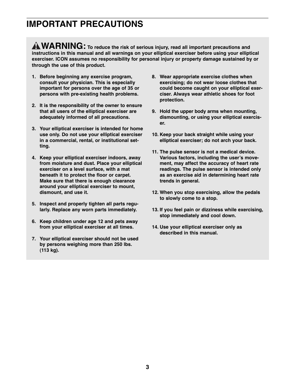 Warning, Important precautions | Weslo WLEL71807.0 User Manual | Page 3 / 16