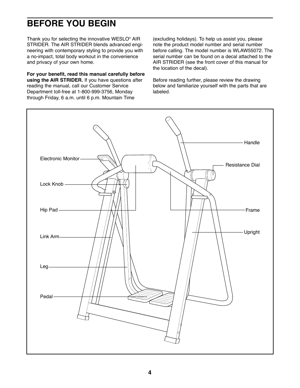 Before you begin | Weslo WLAW55072 User Manual | Page 4 / 16