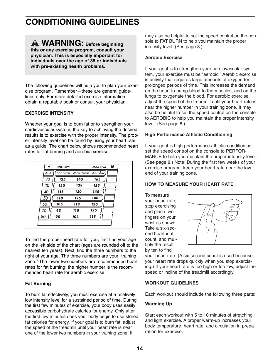 Conditioning guidelines, Warning | Weslo WLTL54081 User Manual | Page 14 / 18