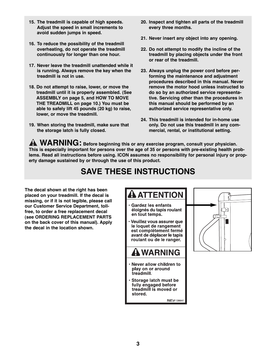 Warning, Save these instructions | Weslo WLTL54081 User Manual | Page 3 / 18