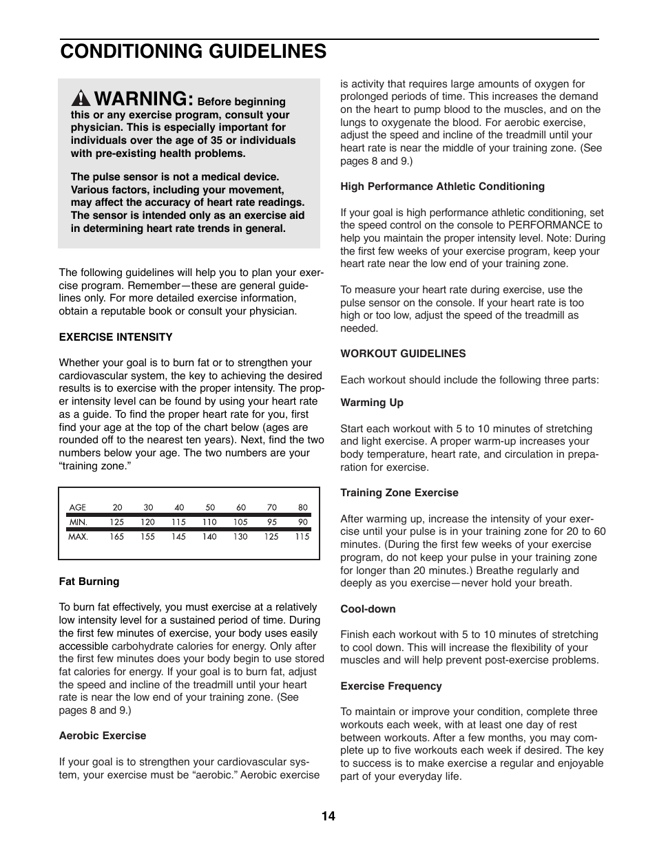 Conditioning guidelines, Warning | Weslo WLTL26080 User Manual | Page 14 / 18