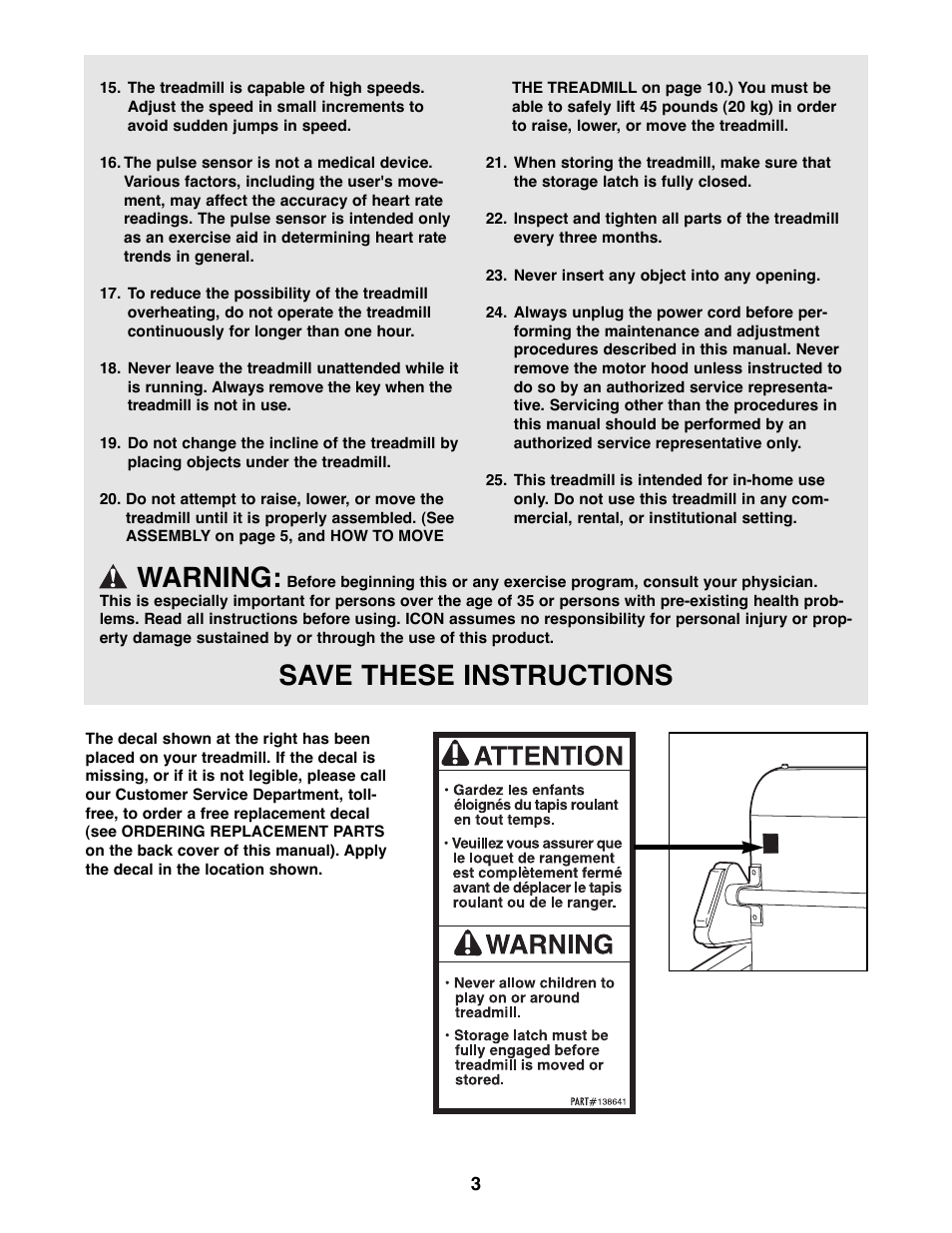 Warning, Save these instructions | Weslo WLTL26080 User Manual | Page 3 / 18