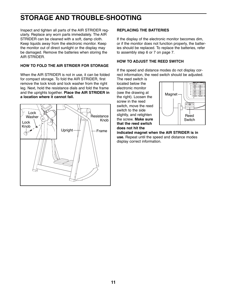 Storage and trouble-shooting | Weslo WLAW55078 User Manual | Page 11 / 16