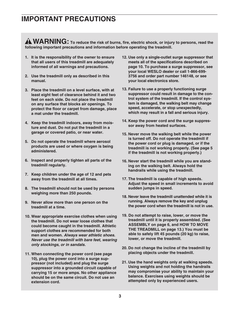 Warning, Important precautions | Weslo WLTL223040 User Manual | Page 3 / 22