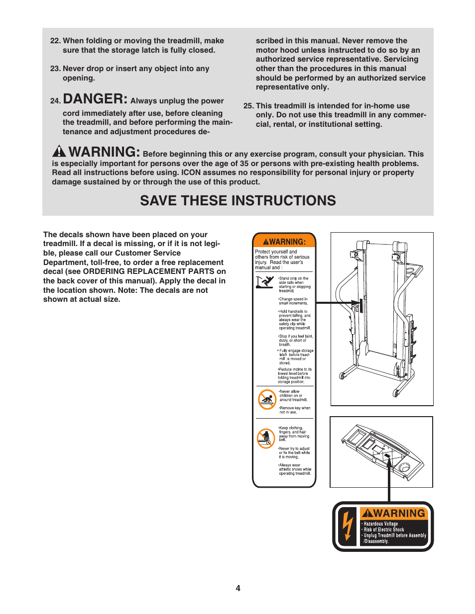 Danger, Warning, Save these instructions | Weslo WLTL223040 User Manual | Page 4 / 22