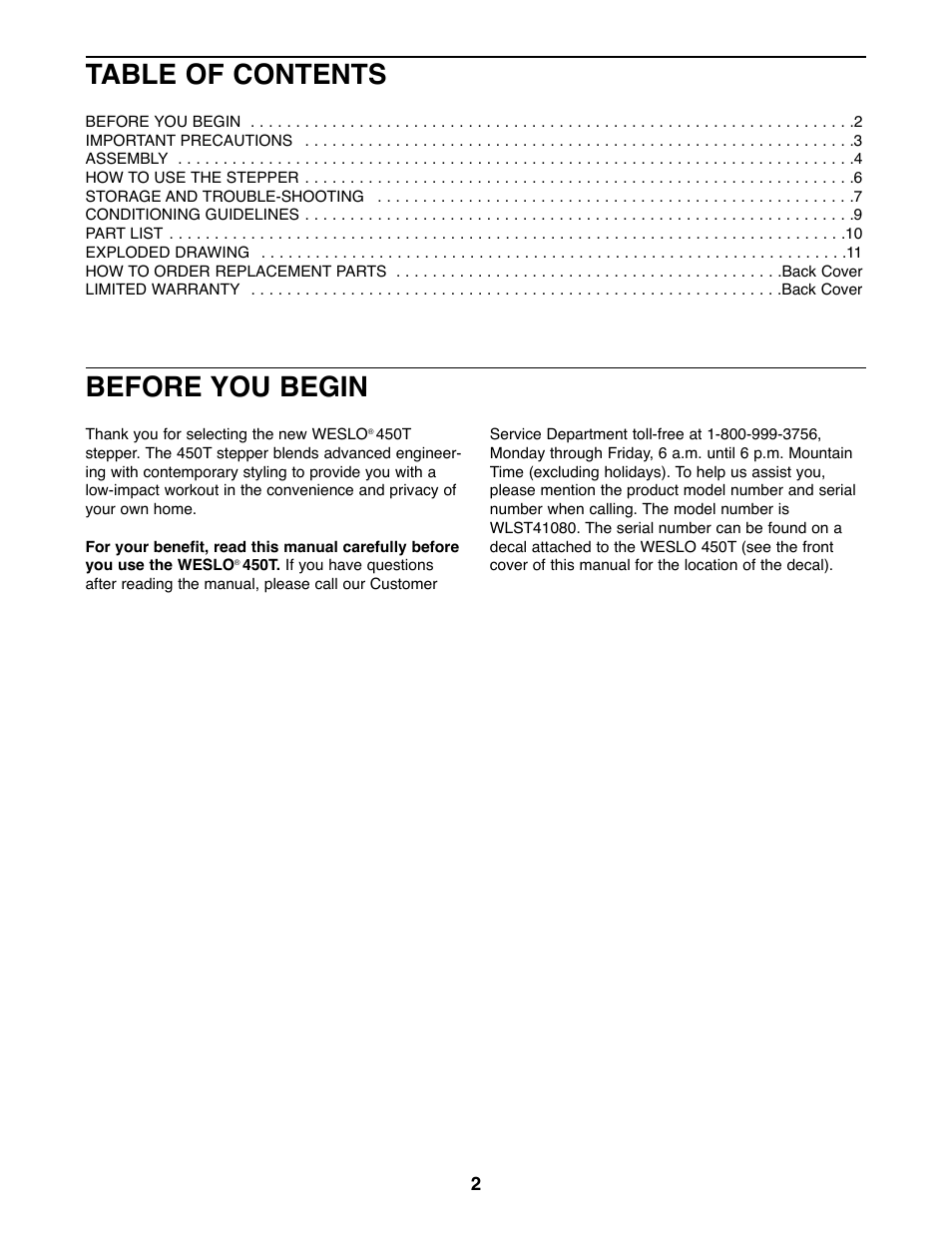 Weslo 450T User Manual | Page 2 / 12