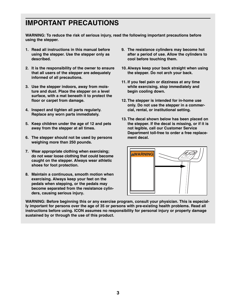 Important precautions | Weslo 450T User Manual | Page 3 / 12