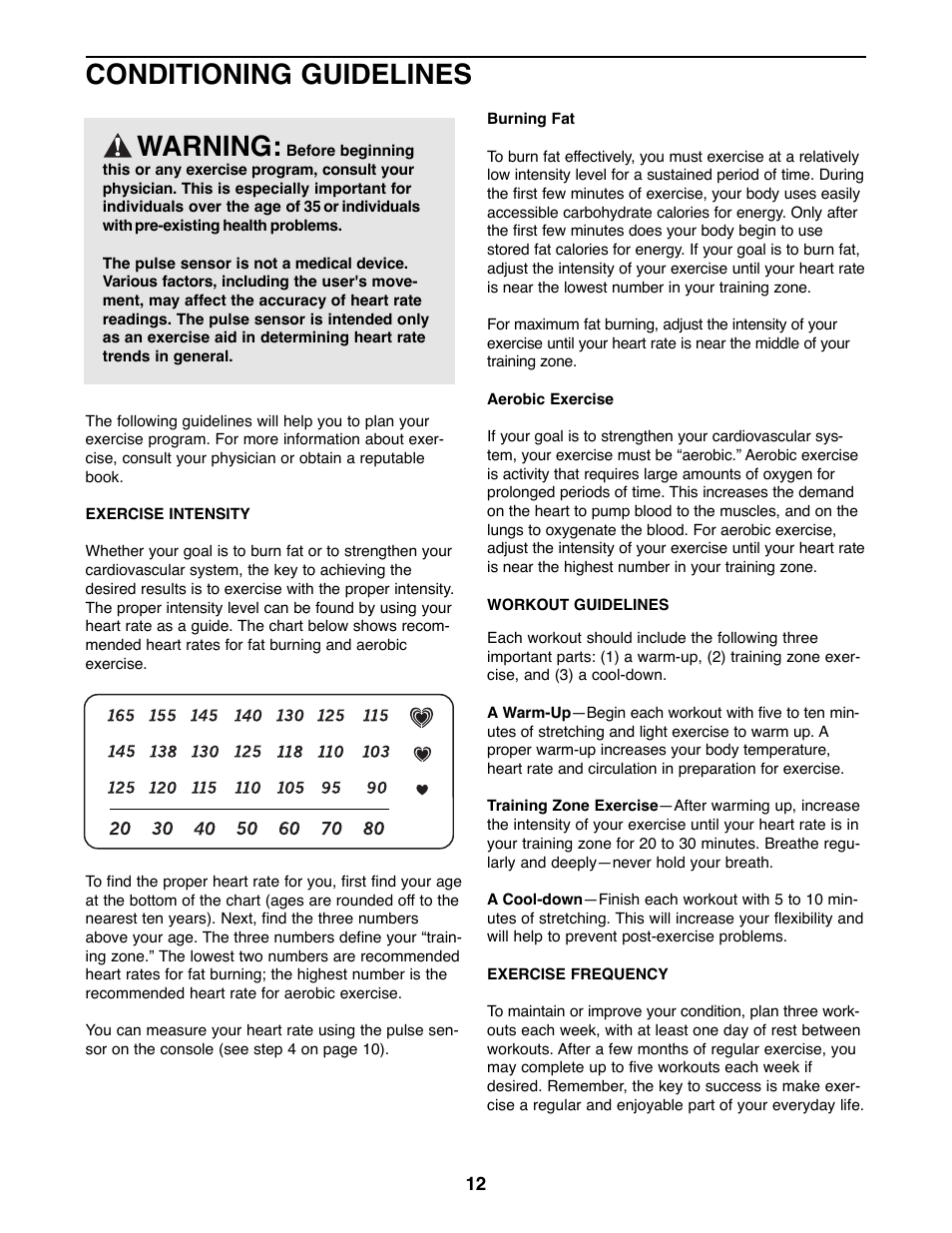 Conditioning guidelines warning | Weslo WLEX14000 User Manual | Page 12 / 16