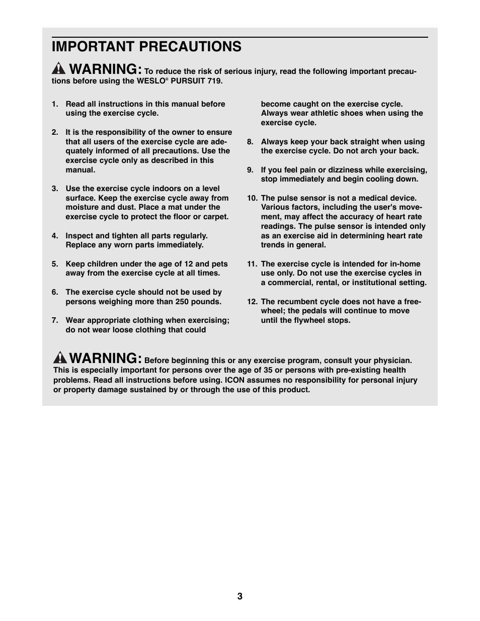 Important precautions warning, Warning | Weslo WLEX14000 User Manual | Page 3 / 16