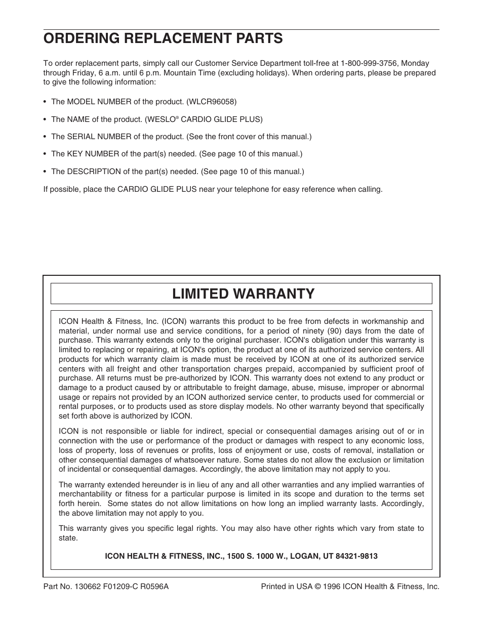 Ordering replacement parts, Limited warranty | Weslo WLCR96058 User Manual | Page 12 / 12