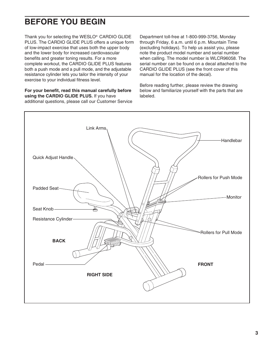 Before you begin | Weslo WLCR96058 User Manual | Page 3 / 12