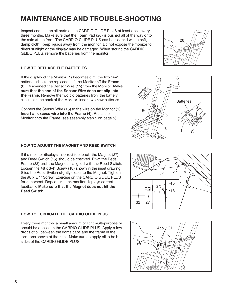Maintenance and trouble-shooting | Weslo WLCR96058 User Manual | Page 8 / 12