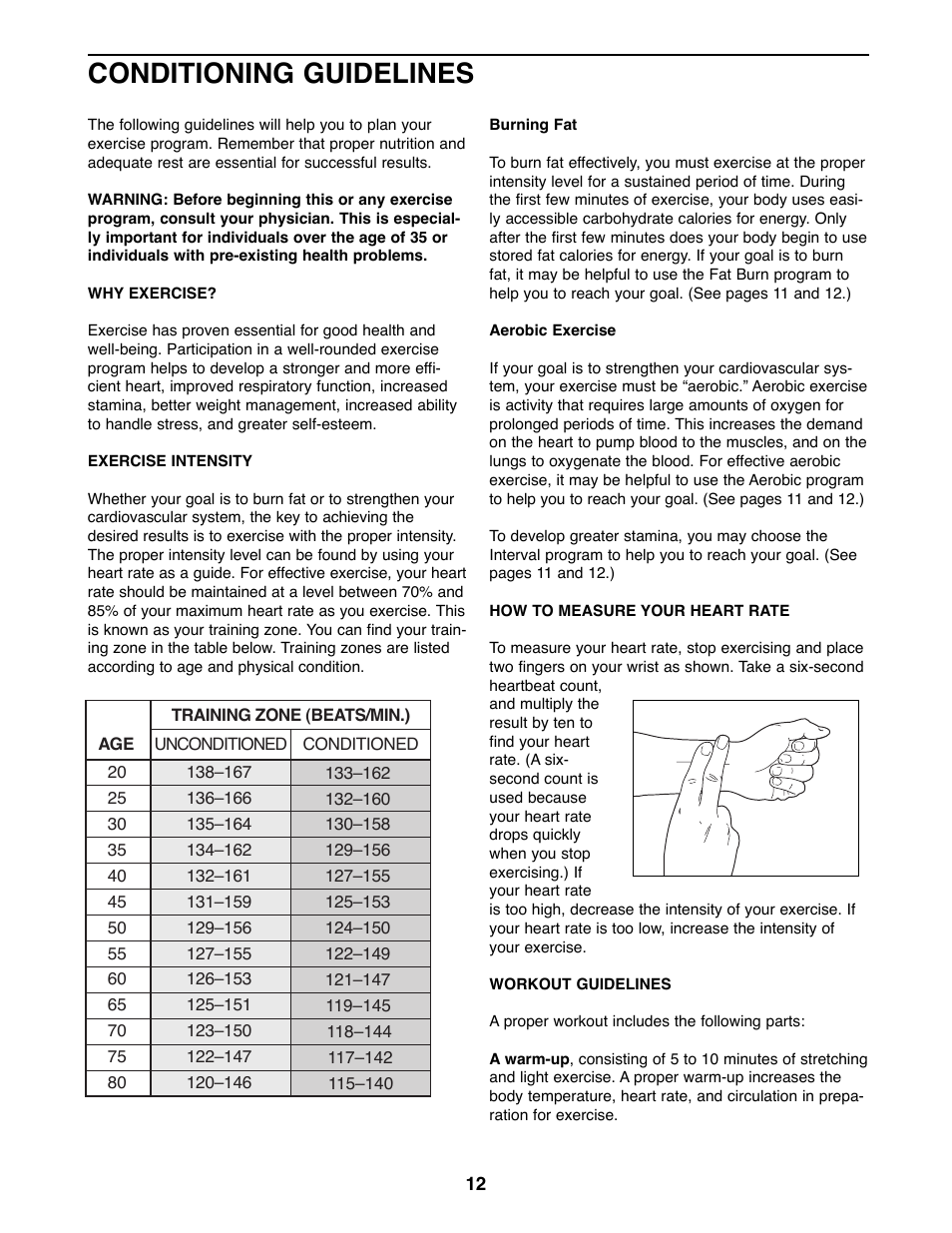 Conditioning guidelines | Weslo WLEL45070 User Manual | Page 12 / 16