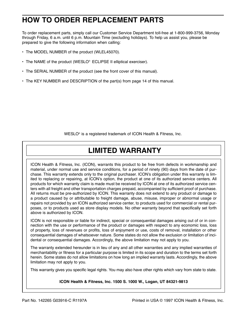 How to order replacement parts, Limited warranty | Weslo WLEL45070 User Manual | Page 16 / 16
