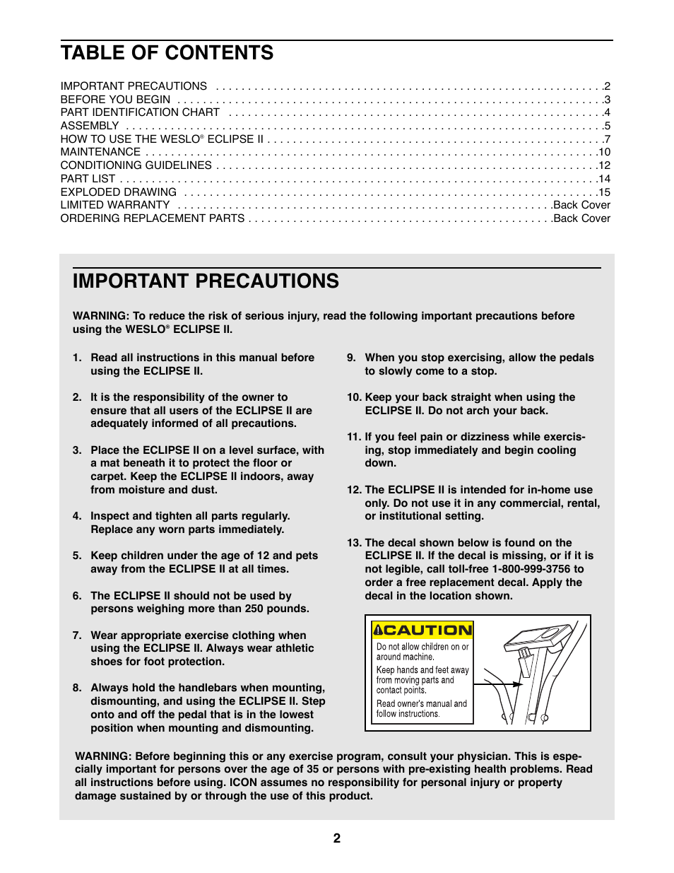 Weslo WLEL45070 User Manual | Page 2 / 16