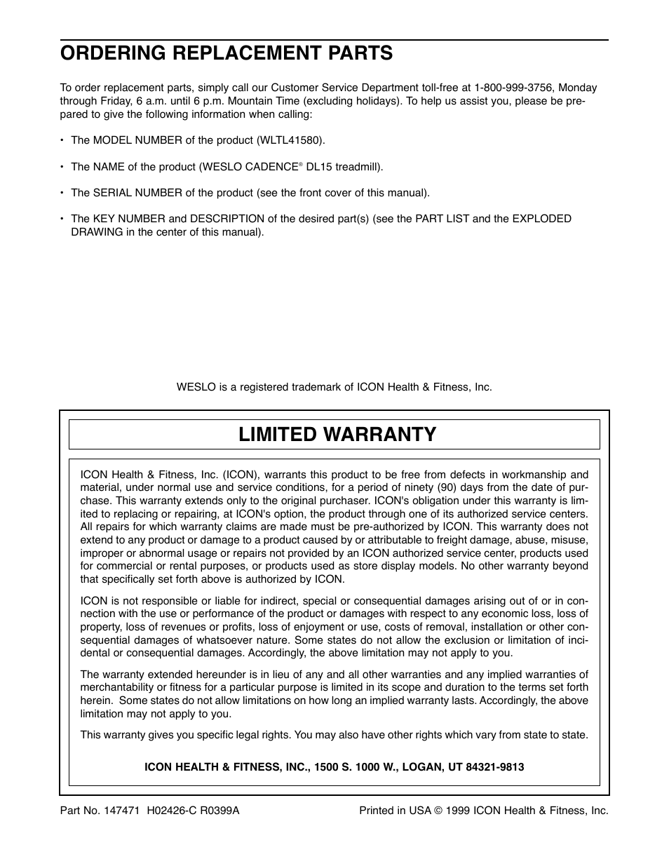 Ordering replacement parts, Limited warranty | Weslo WLTL41580 User Manual | Page 18 / 18