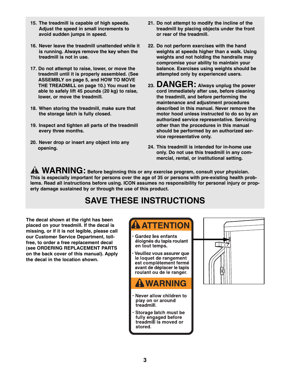 Danger, Warning, Save these instructions | Weslo WLTL41580 User Manual | Page 3 / 18