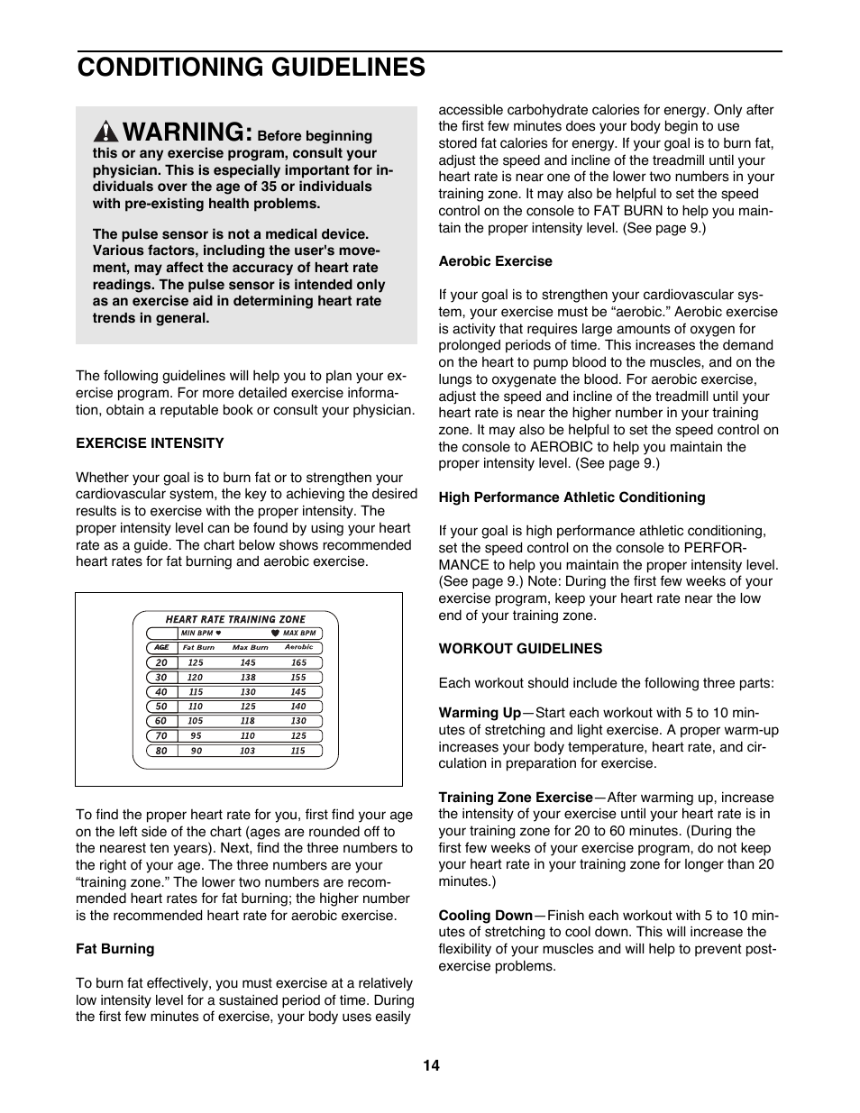Conditioning guidelines, Warning | Weslo WLTL49200 User Manual | Page 14 / 18