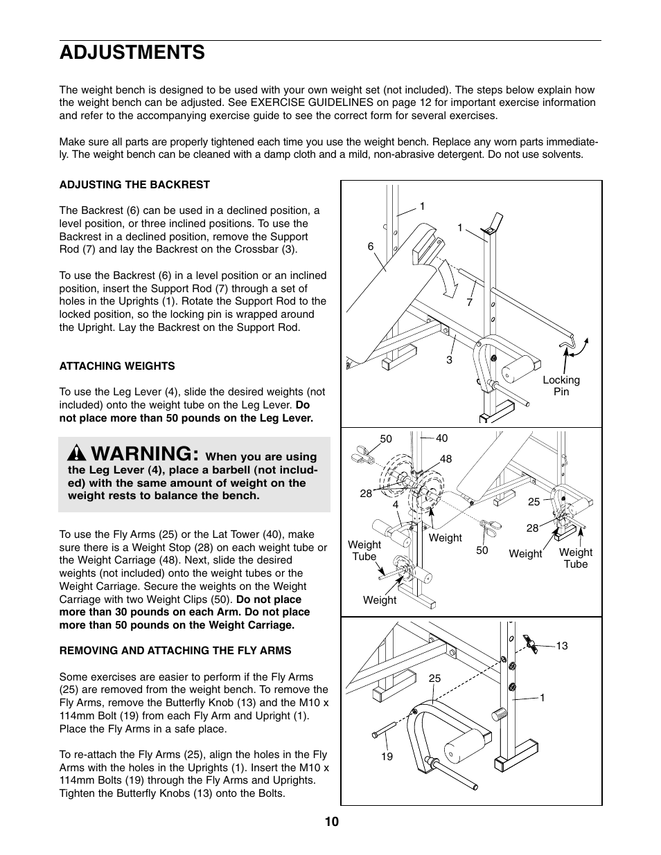 Warning, Adjustments | Weslo WEBE13810 User Manual | Page 10 / 16