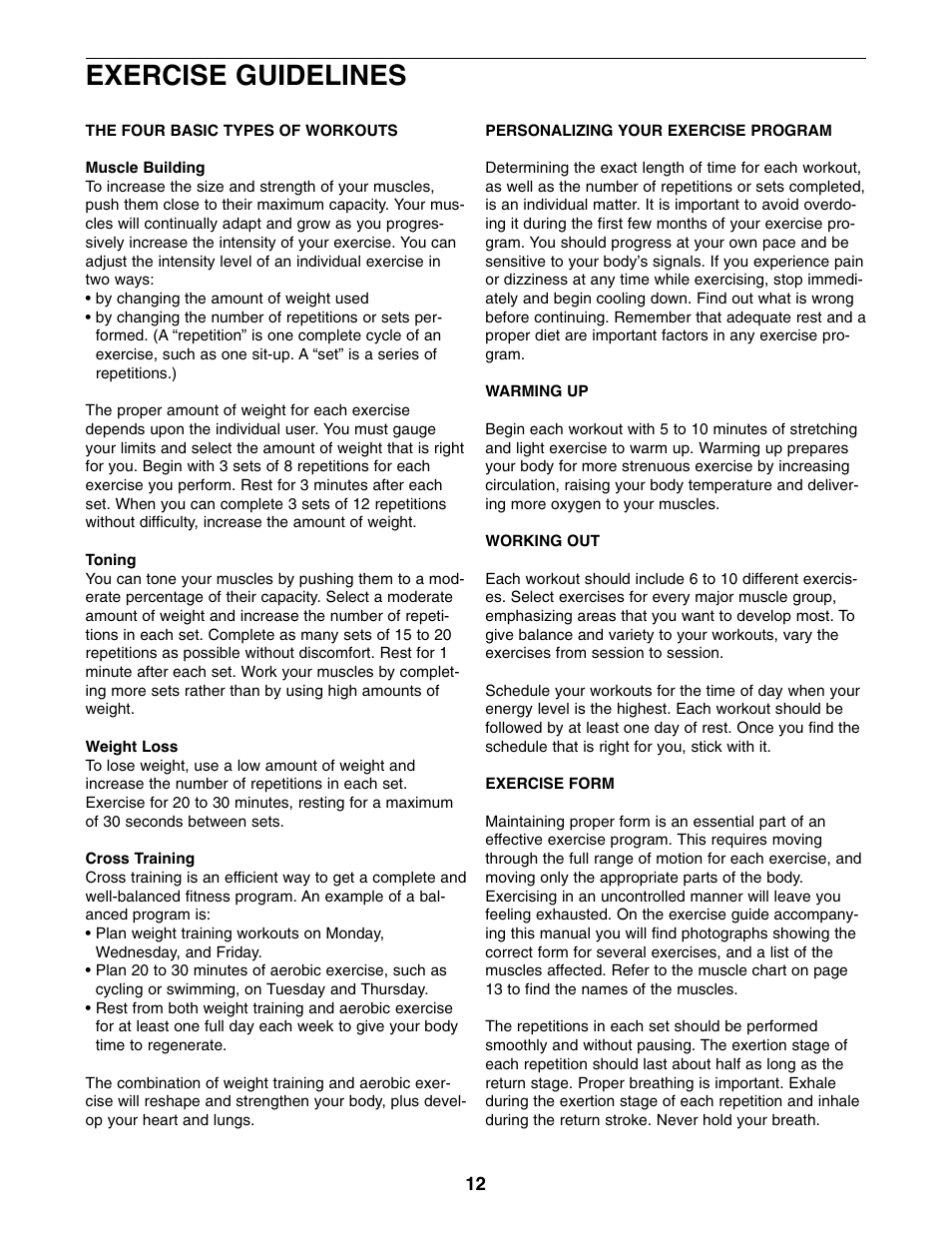 Exercise guidelines | Weslo WEBE13810 User Manual | Page 12 / 16