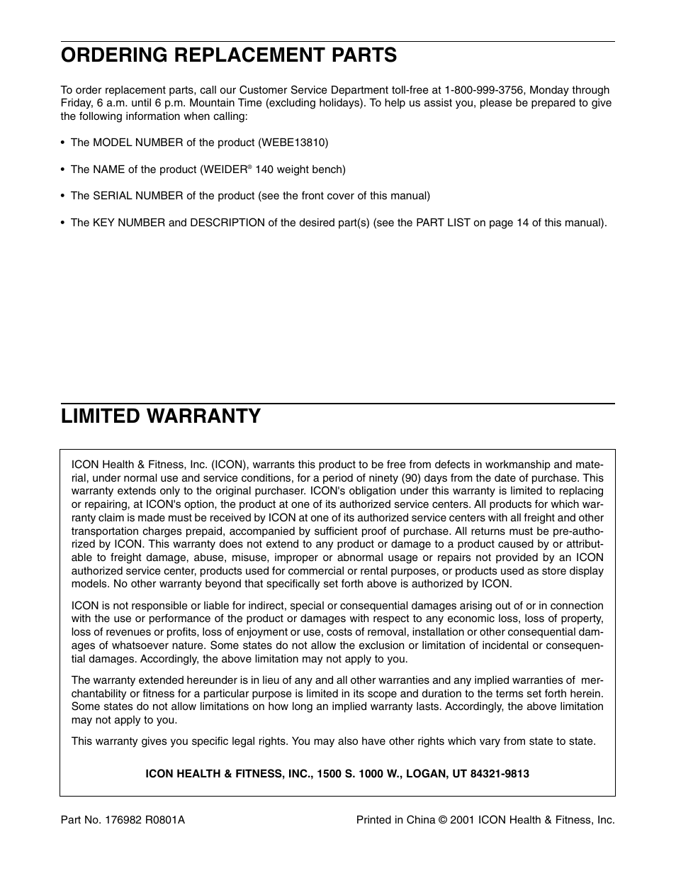 Limited warranty, Ordering replacement parts | Weslo WEBE13810 User Manual | Page 16 / 16