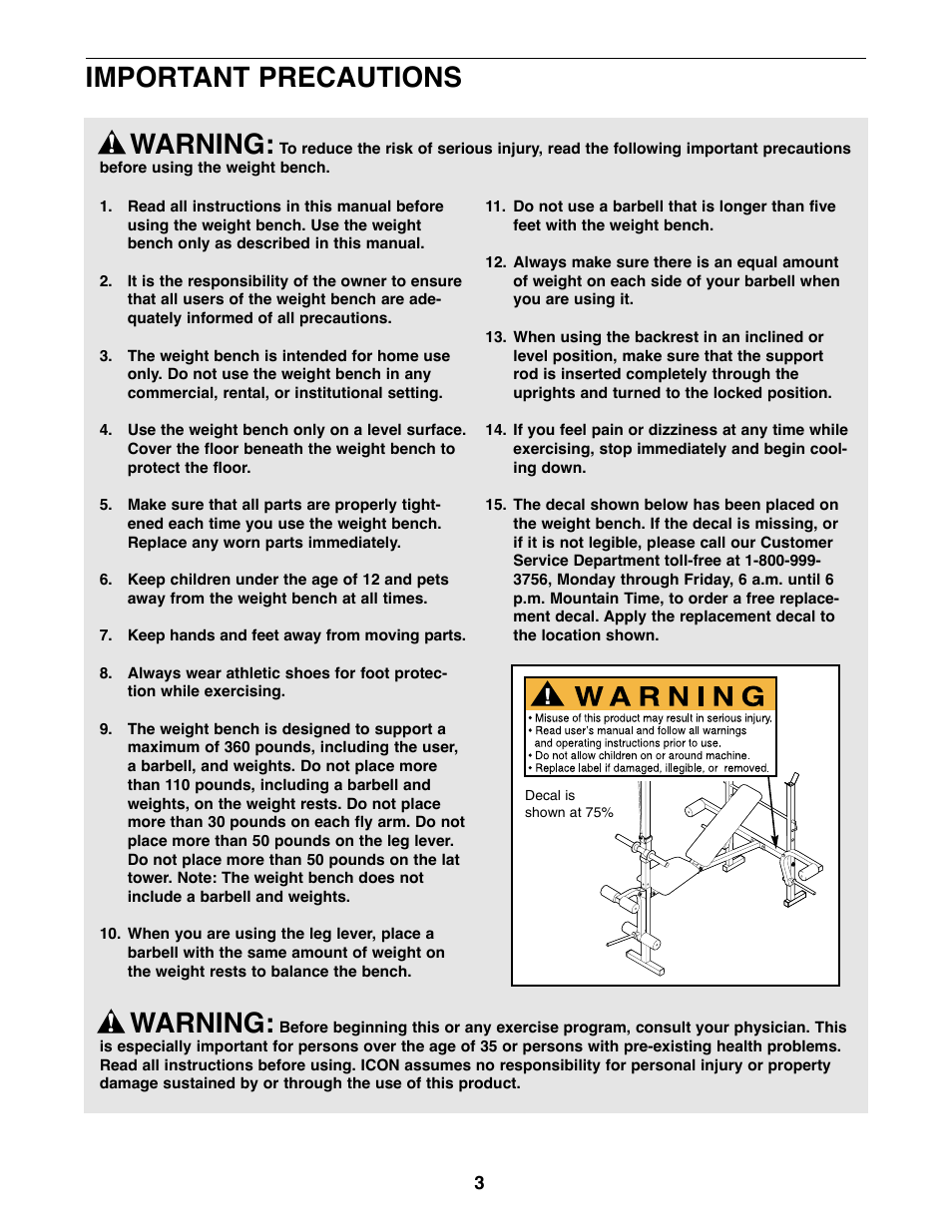 Warning, Important precautions warning | Weslo WEBE13810 User Manual | Page 3 / 16