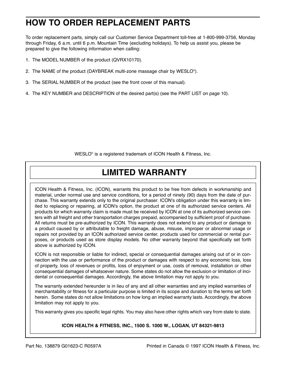 How to order replacement parts, Limited warranty | Weslo QVRX10170 User Manual | Page 12 / 12