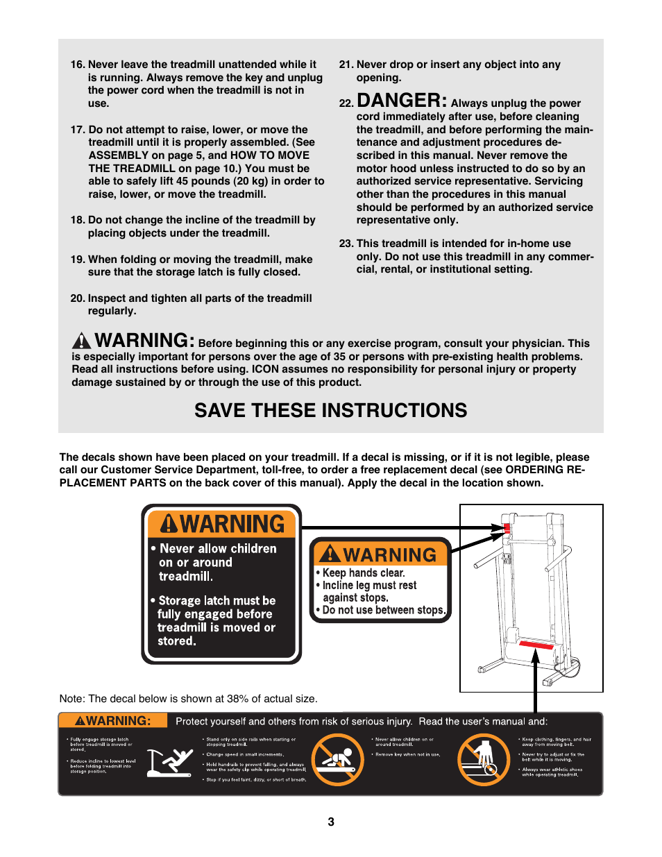 Danger, Warning, Save these instructions | Weslo DX3 User Manual | Page 3 / 18