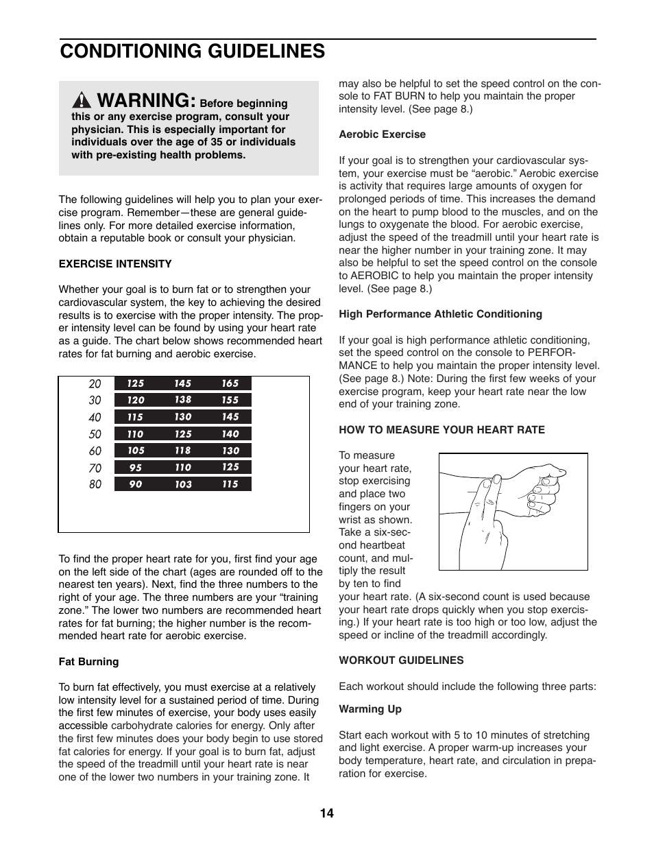 Conditioning guidelines, Warning | Weslo DX10 User Manual | Page 14 / 18
