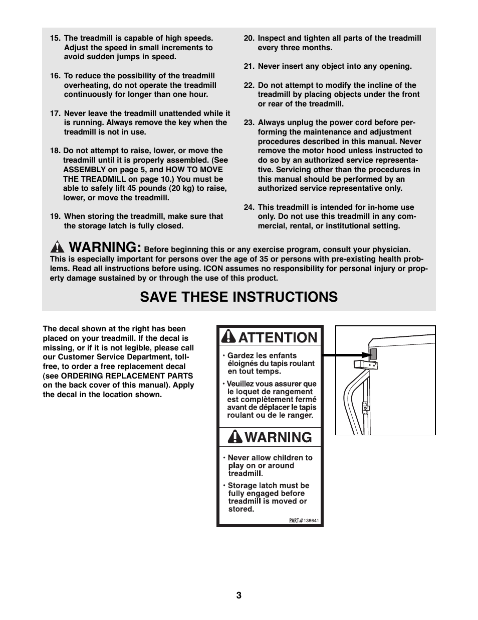 Warning, Save these instructions | Weslo DX10 User Manual | Page 3 / 18