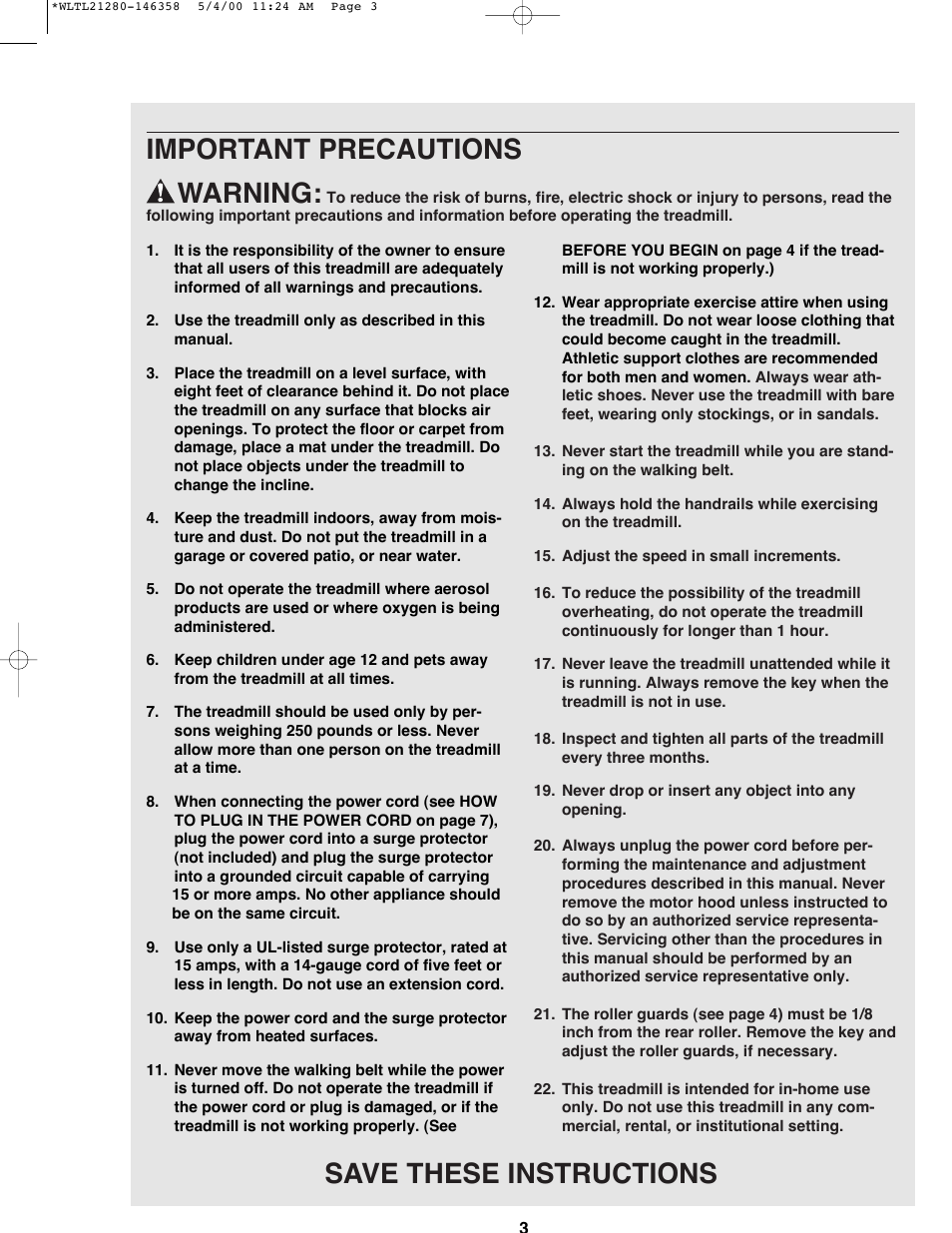 Important precautions warning, Save these instructions | Weslo WLTL21280 User Manual | Page 3 / 16
