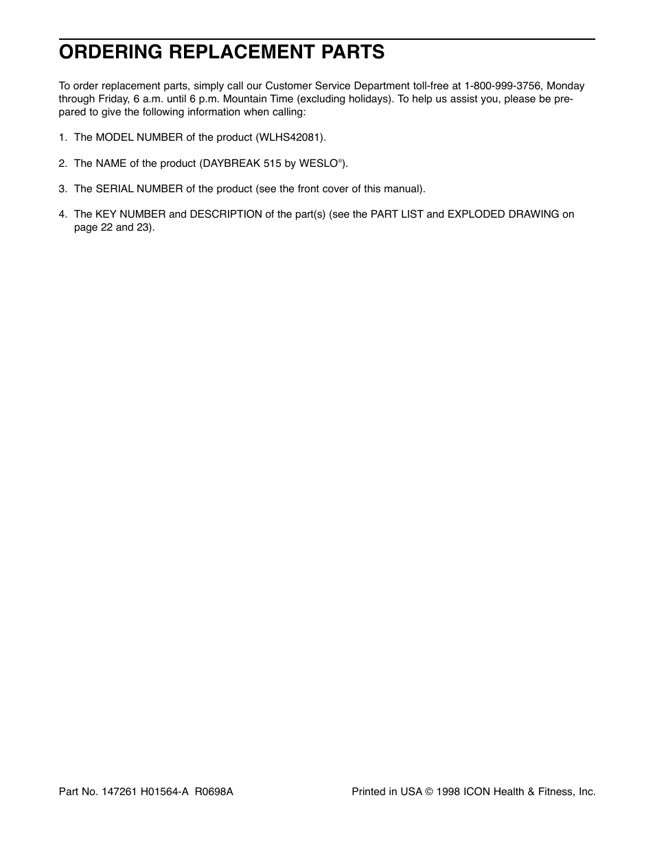 Ordering replacement parts | Weslo Daybreak 515 WLHS42081 User Manual | Page 24 / 24