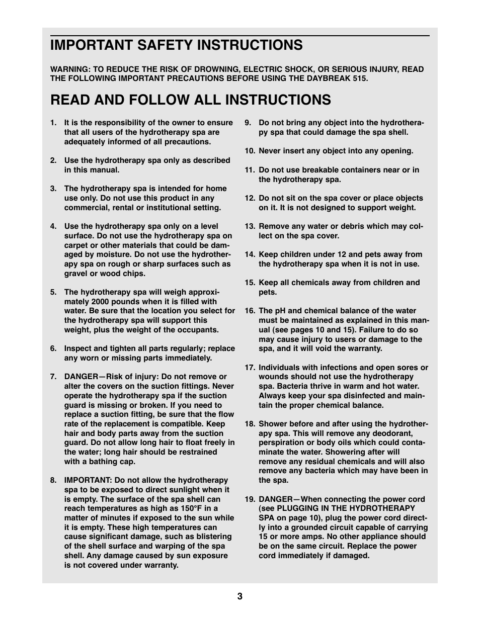 Important safety instructions, Read and follow all instructions | Weslo Daybreak 515 WLHS42081 User Manual | Page 3 / 24