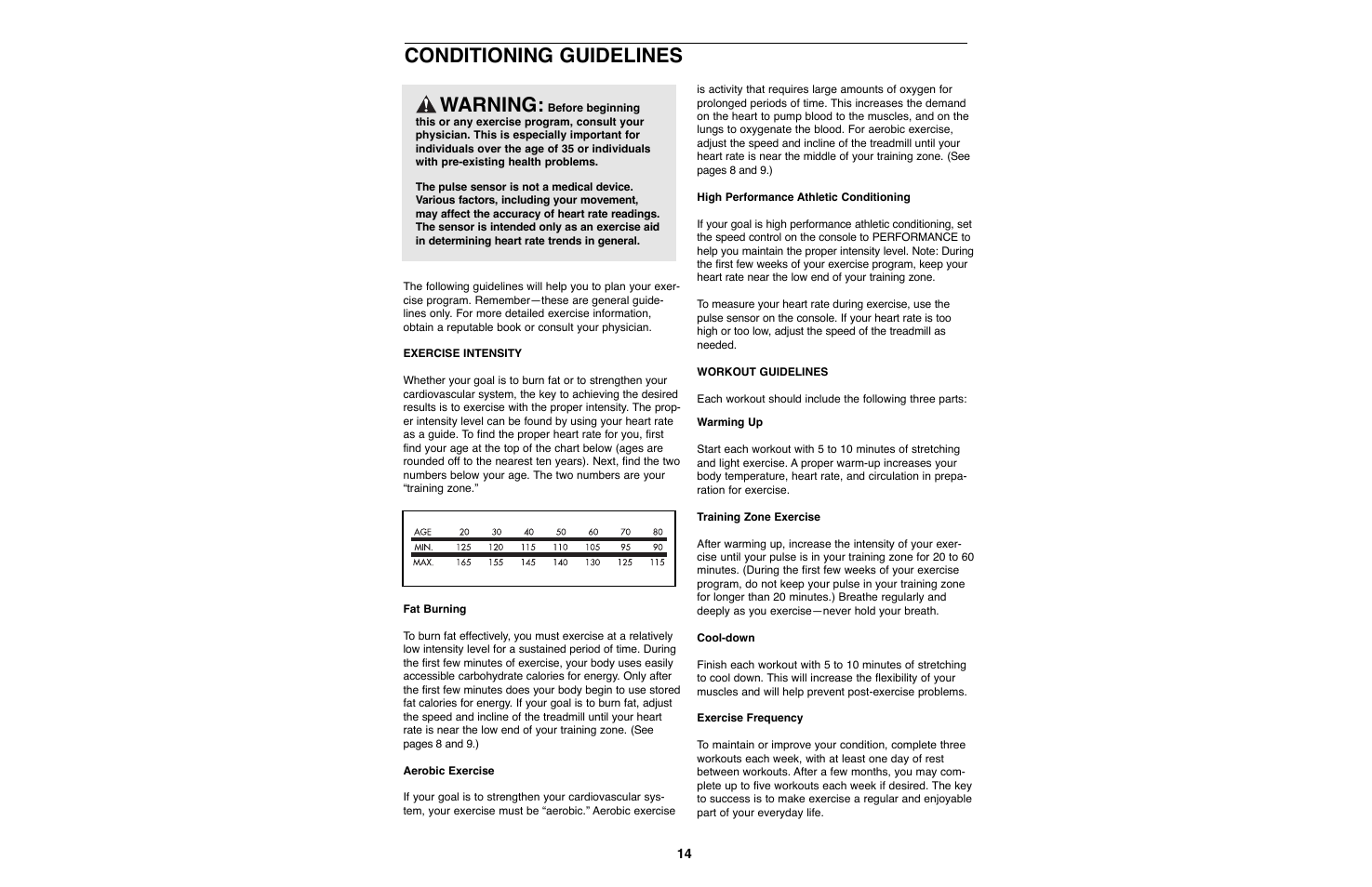 Conditioning guidelines, Warning | Weslo WLTL27080 User Manual | Page 14 / 18