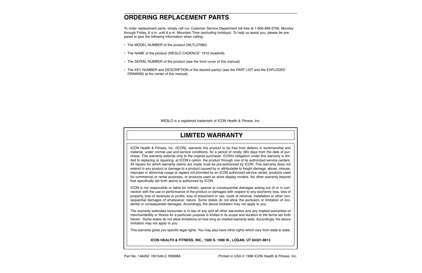 Ordering replacement parts, Limited warranty | Weslo WLTL27080 User Manual | Page 18 / 18