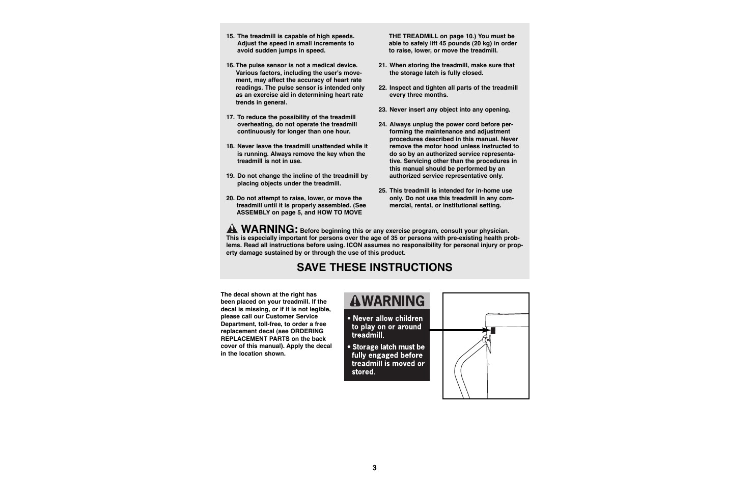 Warning, Save these instructions | Weslo WLTL27080 User Manual | Page 3 / 18