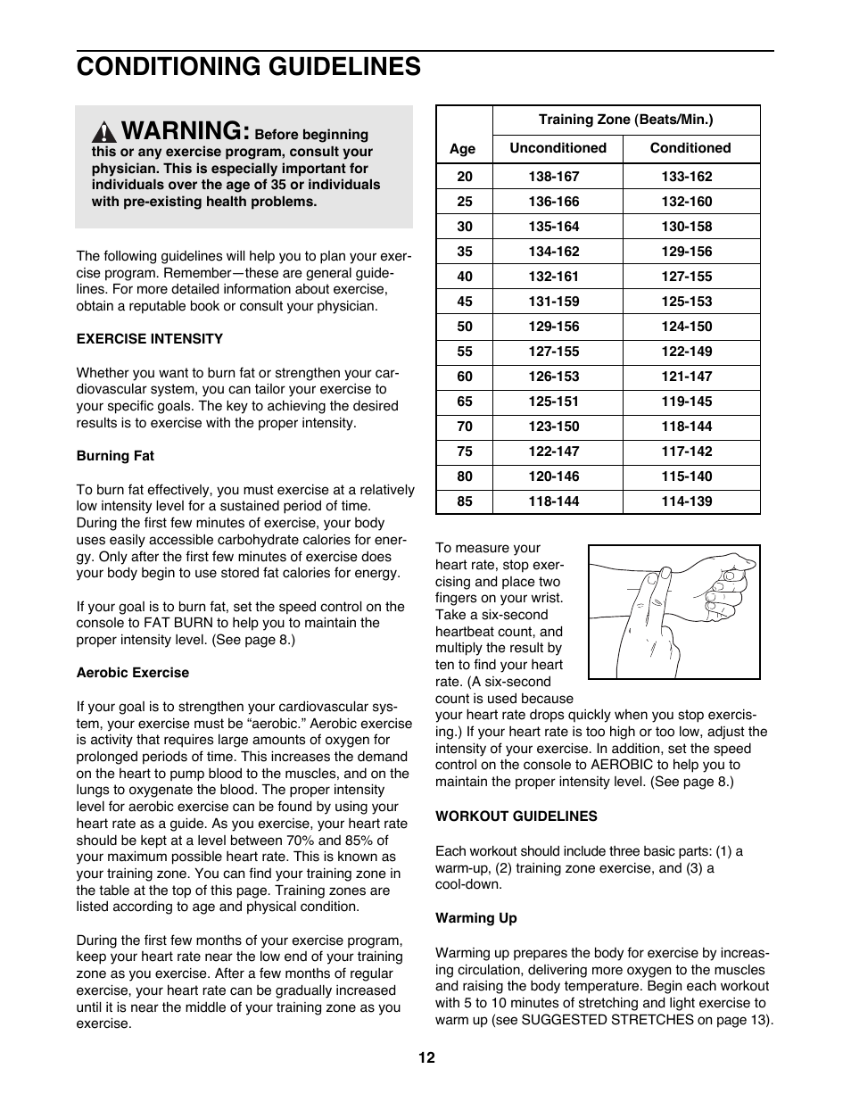 Conditioning guidelines, Warning | Weslo CADENCE 740 User Manual | Page 12 / 16