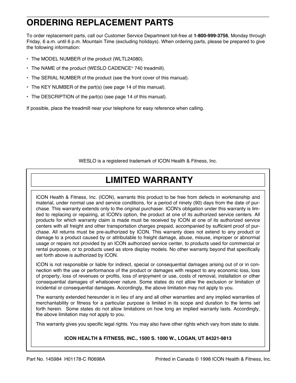 Ordering replacement parts, Limited warranty | Weslo CADENCE 740 User Manual | Page 16 / 16