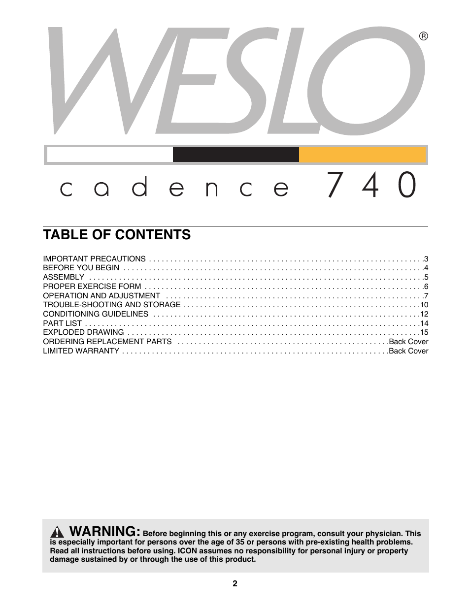 Weslo CADENCE 740 User Manual | Page 2 / 16