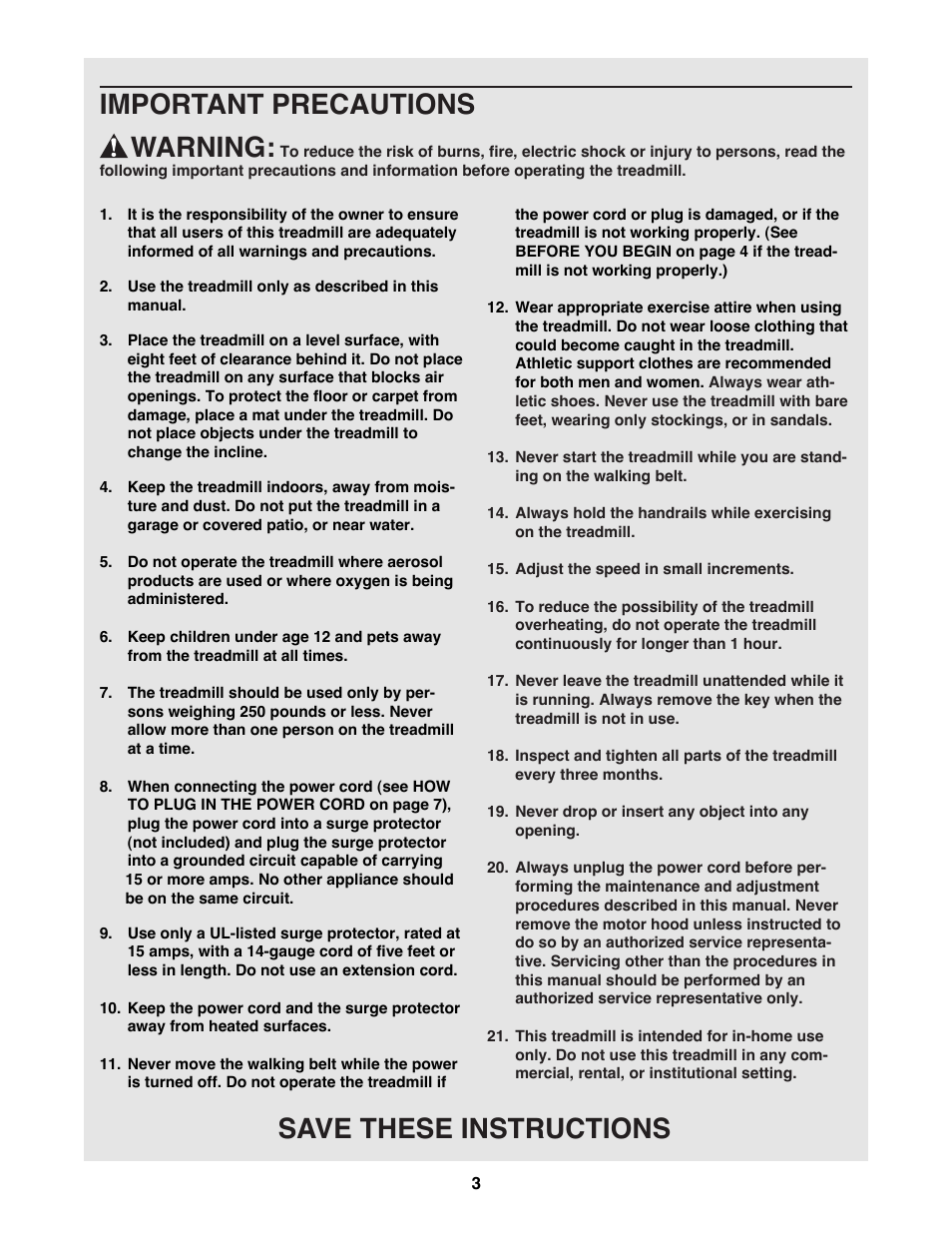 Important precautions warning, Save these instructions | Weslo CADENCE 740 User Manual | Page 3 / 16