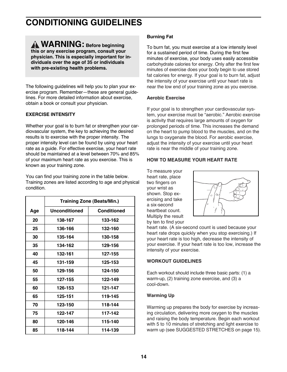 Conditioning guidelines, Warning | Weslo WLTL11093 User Manual | Page 14 / 18