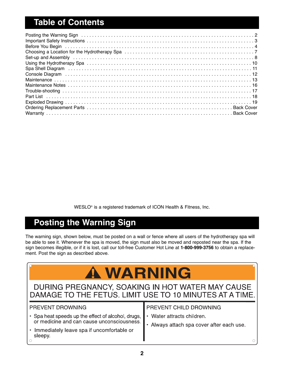 Posting the warning sign table of contents | Weslo Daybreak 408 WLHS43081 User Manual | Page 2 / 20