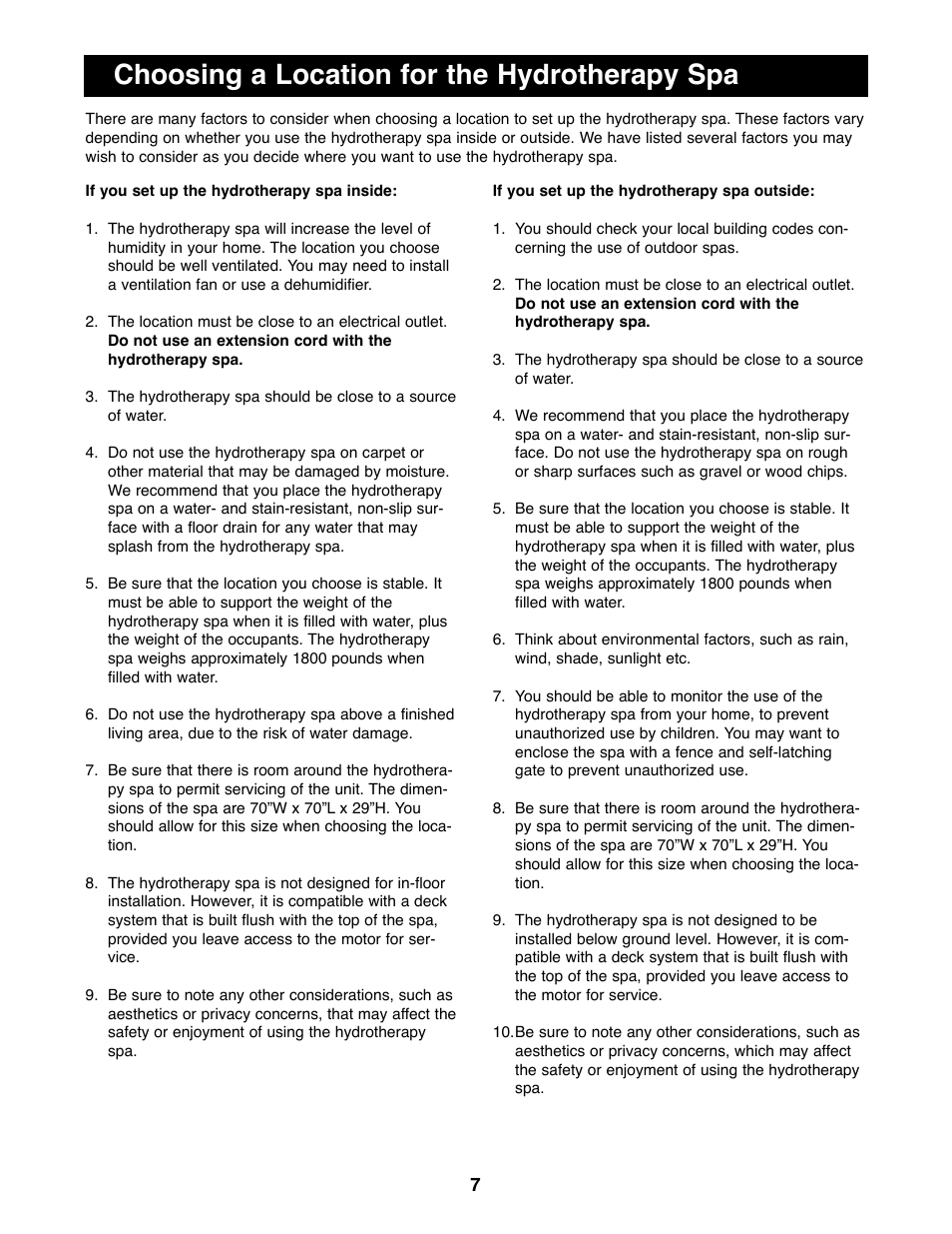 Choosing a location for the hydrotherapy spa | Weslo Daybreak 408 WLHS43081 User Manual | Page 7 / 20