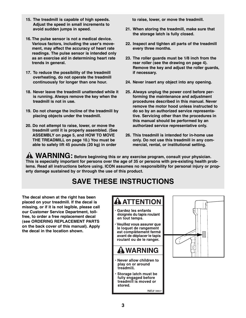 Warning, Save these instructions | Weslo 925 User Manual | Page 3 / 18