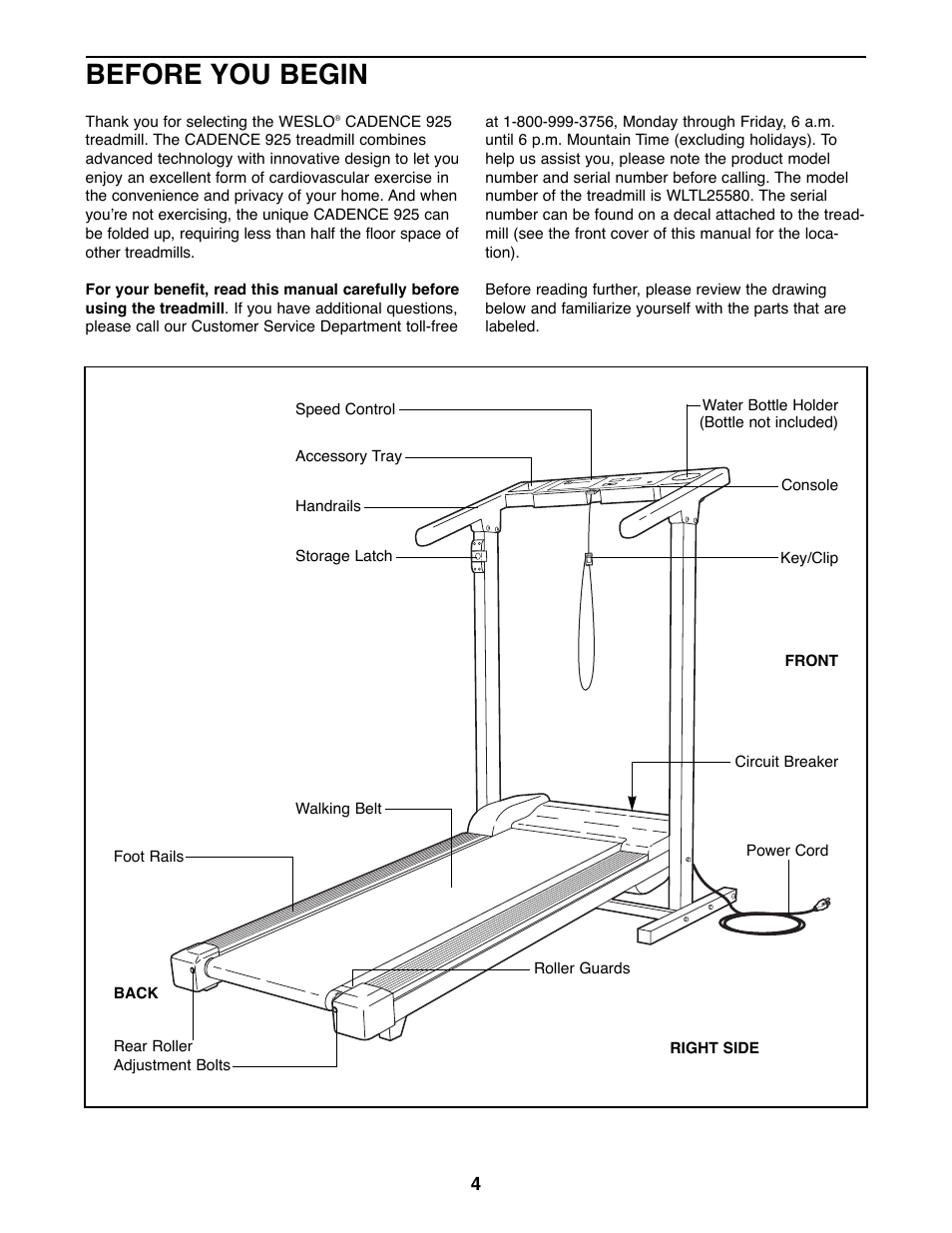 Before you begin | Weslo 925 User Manual | Page 4 / 18