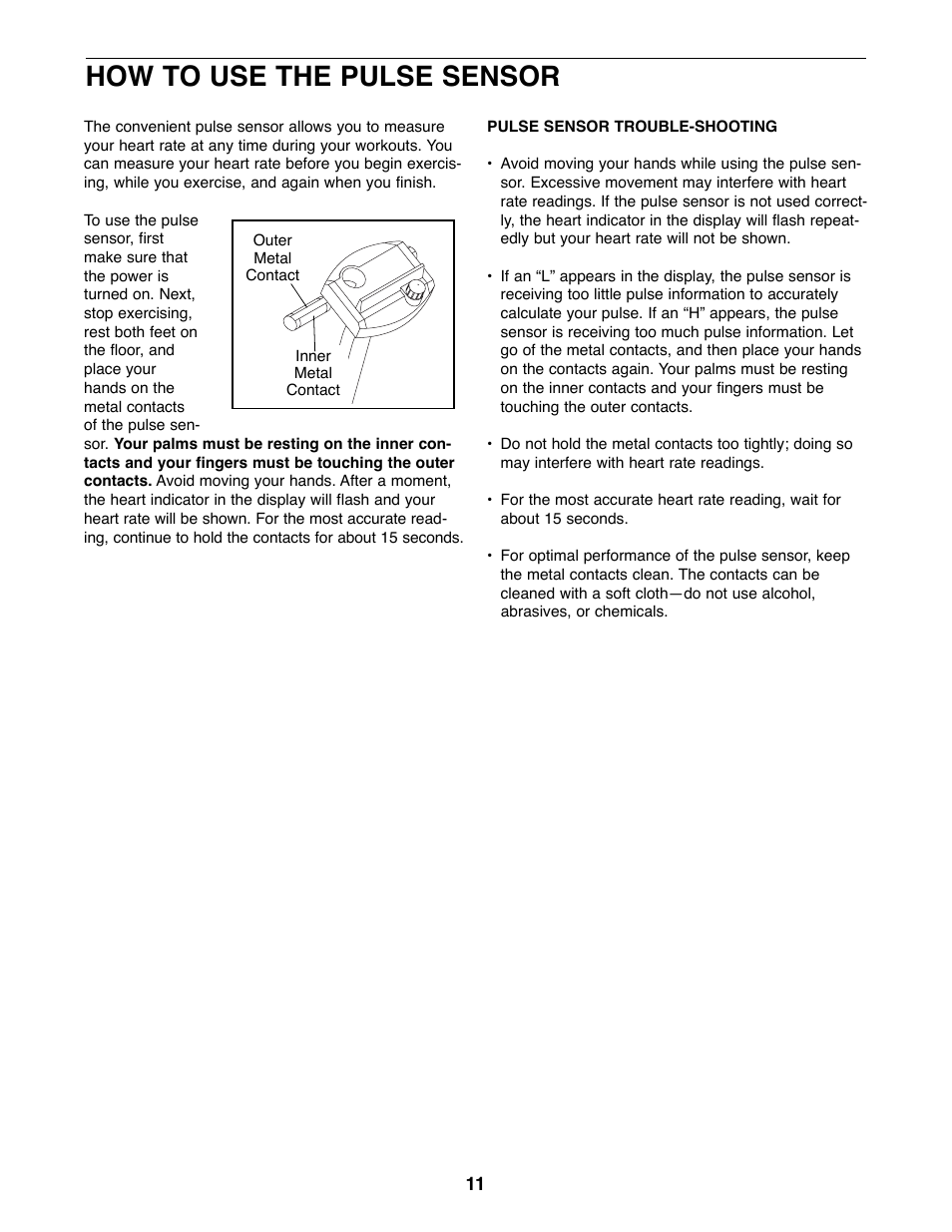 How to use the pulse sensor | Weslo WLEX28080 User Manual | Page 11 / 16