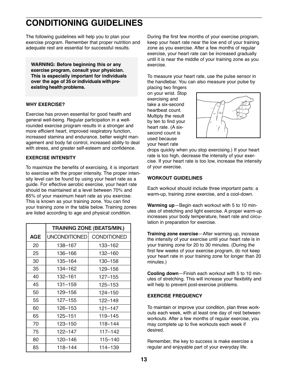 Conditioning guidelines | Weslo WLEX28080 User Manual | Page 13 / 16