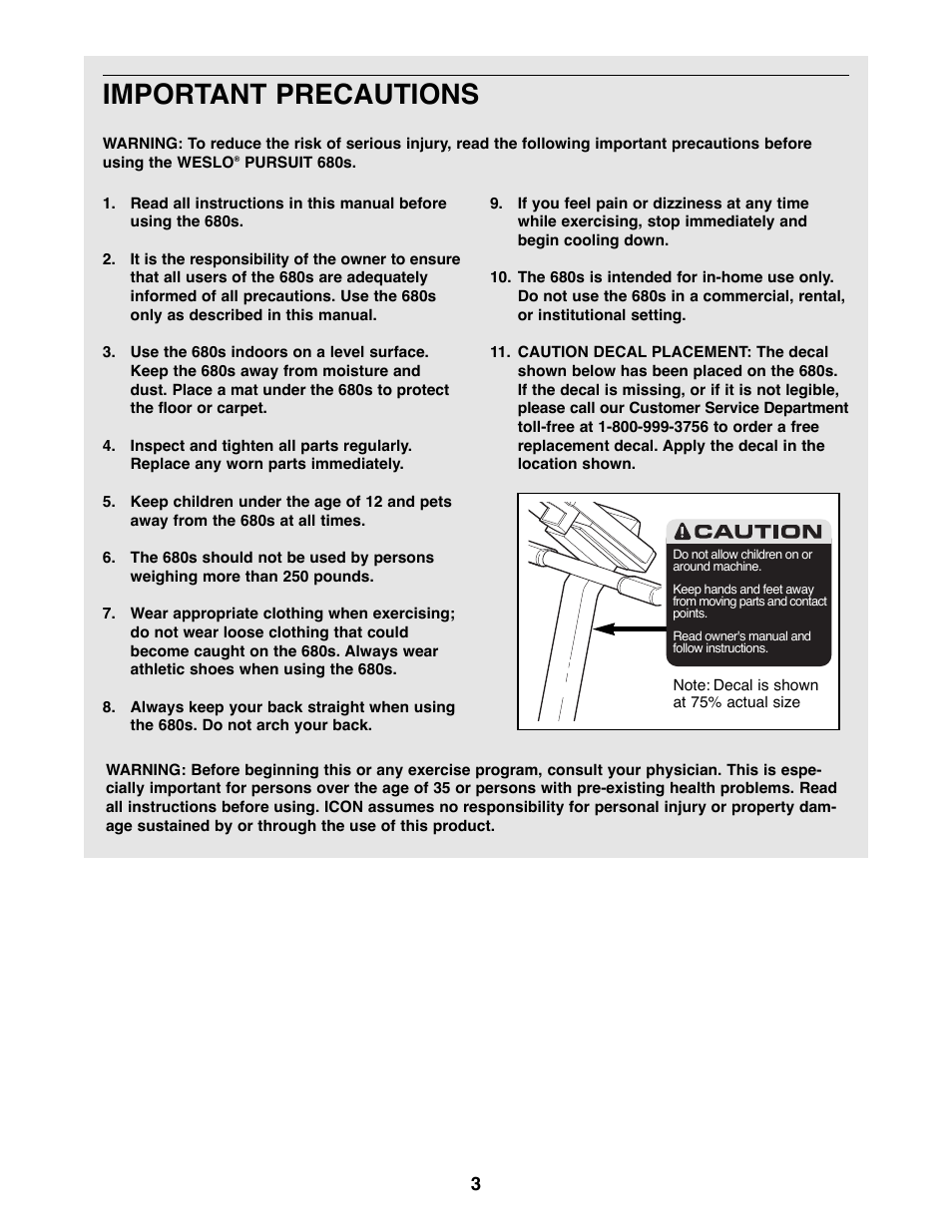 Important precautions | Weslo WLEX28080 User Manual | Page 3 / 16